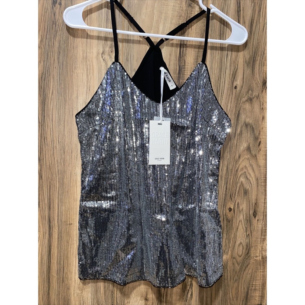 GRACE KARIN Women's Sleeveless Sparkle Shimmer Camisole‎ Vest Sequin Small